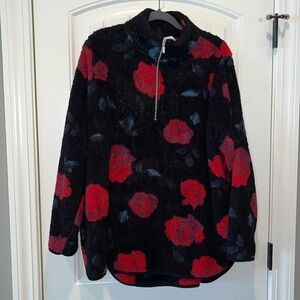 Lane Bryant LIVI half zip black fleece red rose floral size 18/20 cozy